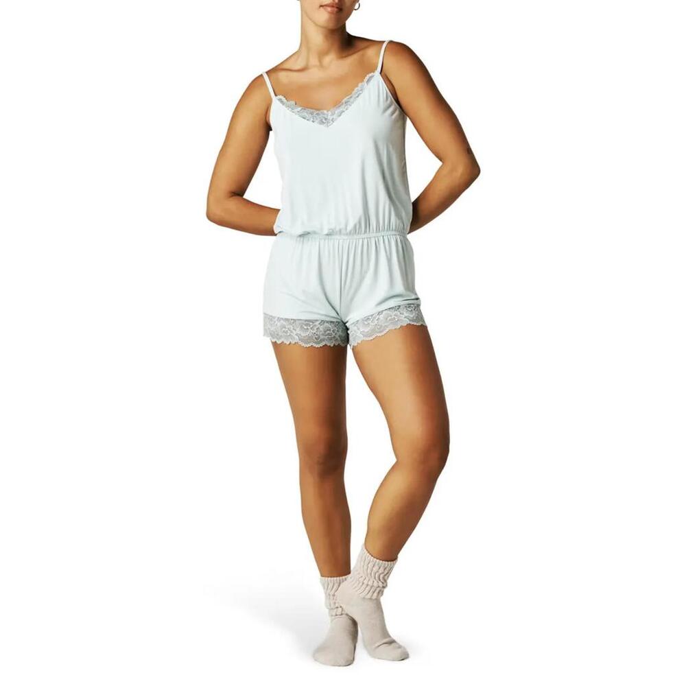 NWT! Posh Peanut Women's Lace Trim Pajama Romper Blue Size Medium